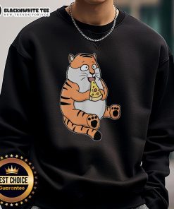 Cute cartoon tiger eating pizza on a colorful sweatshirt, perfect for animal lovers and pizza enthusiasts.