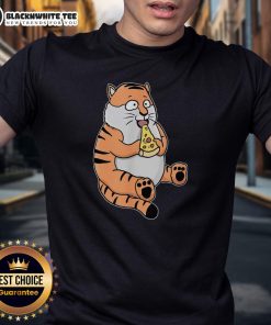 Cute cartoon tiger enjoying a slice of pizza on a colorful T-shirt design, perfect for pizza and animal lovers.