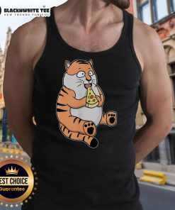 Cute cartoon tiger in a tank top happily eating pizza, showcasing a fun and playful design. Perfect for pizza lovers!