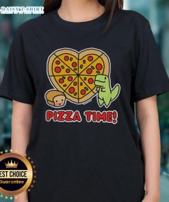 Graphic ladies tee featuring a dinosaur enjoying pizza and a loaf of bread, perfect for quirky food lovers.
