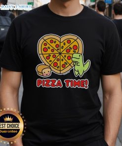 Colorful graphic T-shirt featuring a dinosaur enjoying pizza and a loaf of bread, perfect for food lovers and dino fans.
