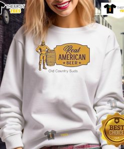 Cozy Nice Real American Beer Old Country Suds sweatshirt displayed on a rustic wooden table with beer mugs.