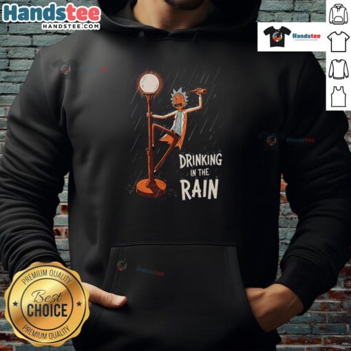 Nice Rick drinking in the rain wearing a Rick and Morty hoodie, showcasing a vibrant design and character details.