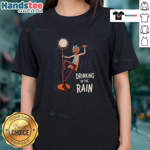 Rick from Rick and Morty enjoying a drink in the rain, featured on a ladies tee. Perfect for fans of the show!