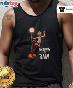 Nice Rick from Rick and Morty enjoying a drink in the rain, wearing a stylish tank top.