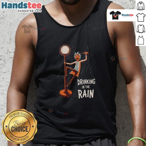 Nice Rick from Rick and Morty enjoying a drink in the rain, wearing a stylish tank top.