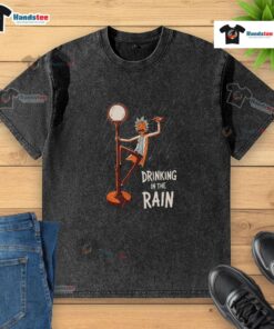 Nice Rick from Rick and Morty enjoying a drink in the rain, wearing a washed T-shirt, vibrant colors and playful scene.