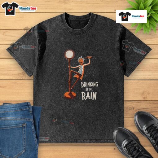 Nice Rick from Rick and Morty enjoying a drink in the rain, wearing a washed T-shirt, vibrant colors and playful scene.