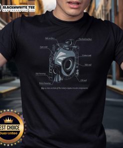 Nice rotary engine diagram on an eccentrically designed T-shirt showcasing unique automotive engineering art.