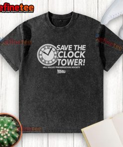 Alt Text: 'Vintage washed t-shirt featuring the Save The Clock Tower design for Hill Valley Preservation Society, Back to the Future.'
