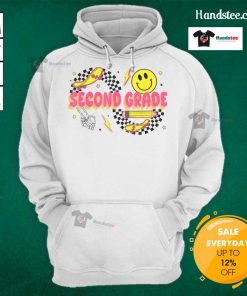 Retro smiley face hoodie for second graders, perfect for back-to-school style with skateboard and pencil graphics.