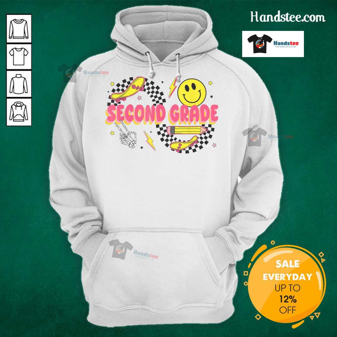 Nice Second Grade Back To School Retro Smiley Face Pencil Skateboard Hoodie Retro smiley face hoodie for second graders, perfect for back-to-school style with skateboard and pencil graphics.