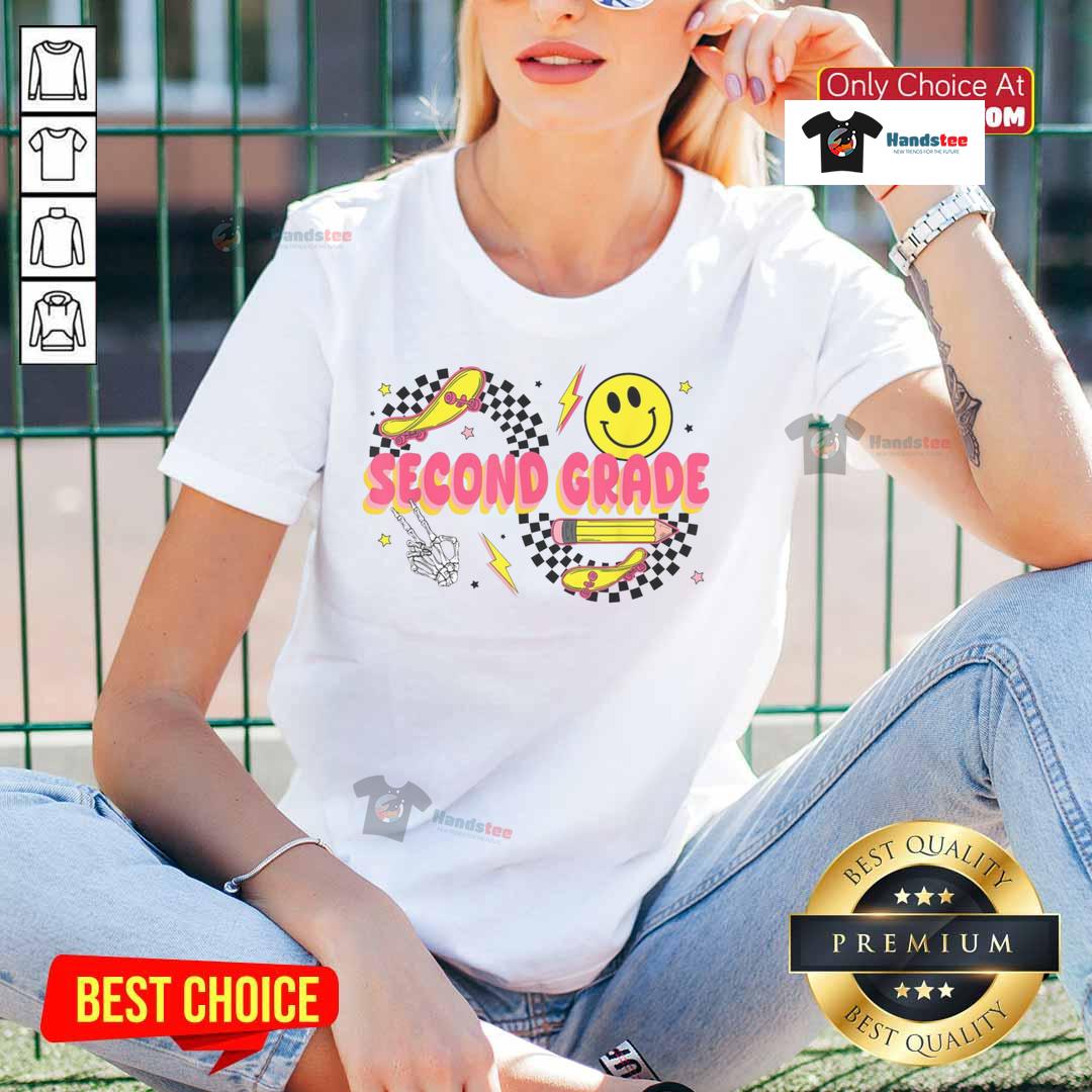 Nice Second Grade Back To School Retro Smiley Face Pencil Skateboard Ladies Tee Nice second grade back to school retro smiley face pencil skateboard ladies tee for a fun and stylish classroom look.
