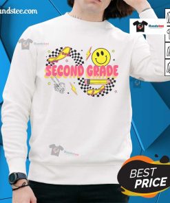 Second grade back-to-school sweatshirt featuring a retro smiley face, pencil, and skateboard design for kids.