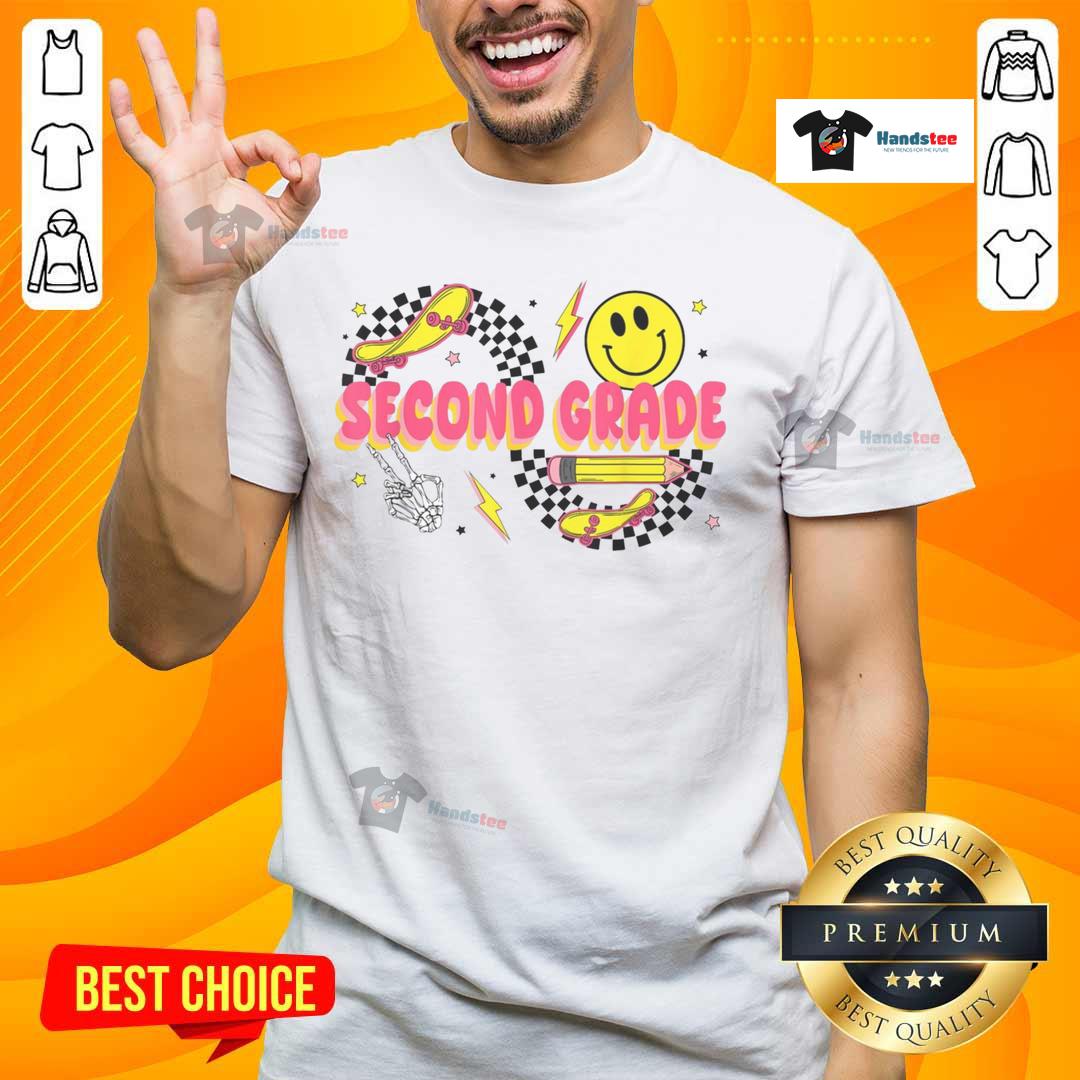 Nice Second Grade Back To School Retro Smiley Face Pencil Skateboard T Shirt Retro smiley face pencil and skateboard t-shirt for second graders, perfect for back to school style.