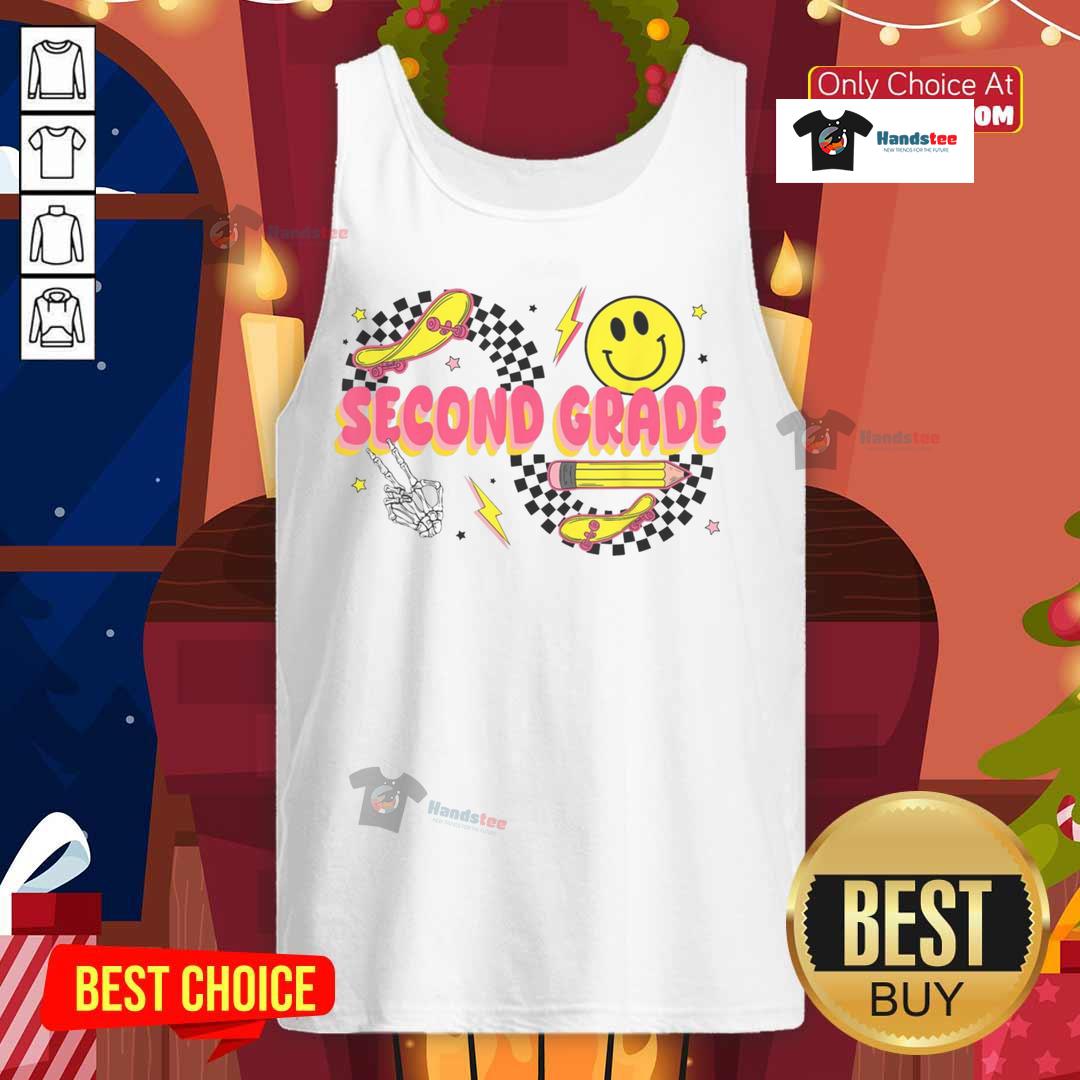 Nice Second Grade Back To School Retro Smiley Face Pencil Skateboard Tank Top Retro smiley face tank top for second graders, featuring a skateboard design, perfect for back-to-school style.