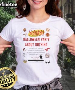 Womens 'Nice Seinfeld Halloween Party About Nothing' tee featuring iconic Seinfeld characters for a fun Halloween look.