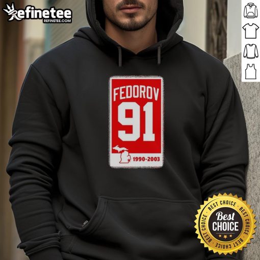 Alt Text: Sergei Fedorov Detroit Red Wings Hockey 91 banner hoodie featuring team colors and iconic logo.