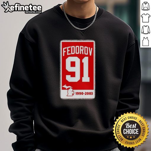 Sergei Fedorov Detroit Red Wings hockey sweatshirt featuring a vintage 91 banner design, perfect for fans.