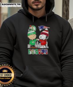 Nice Snoopy and Charlie Brown Boston Sports Celtics X New England Patriots skyline hoodie featuring iconic characters.