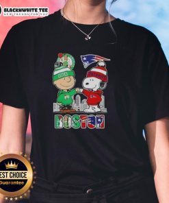 Ladies tee featuring Snoopy and Charlie Brown with Boston skyline, Celtics and New England Patriots logos.