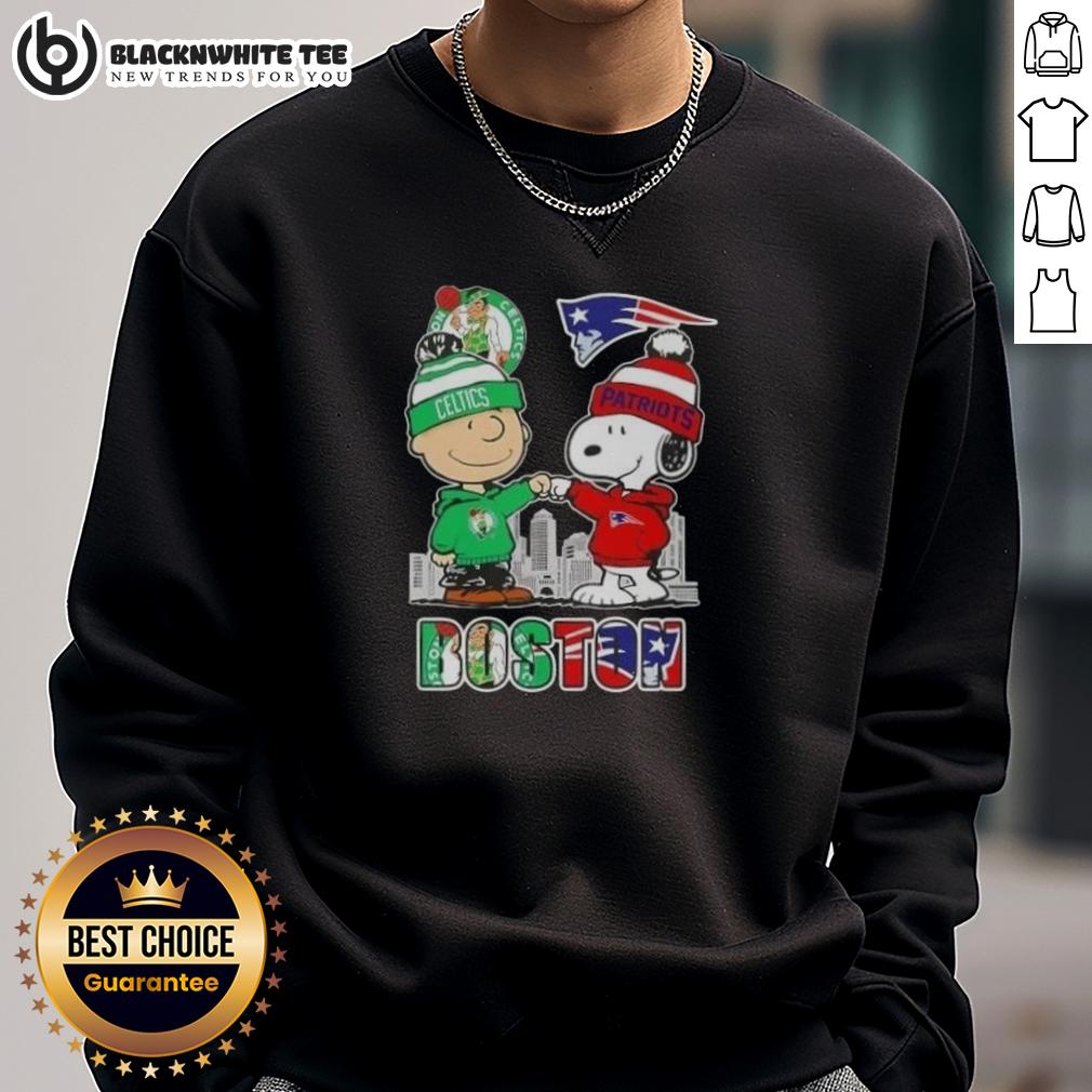 Nice Snoopy And Charlie Brown Boston Sports Celtics X New England Patriots Skyline Sweatshirt Alt Text: Nice Snoopy and Charlie Brown Boston Sports Celtics x New England Patriots skyline sweatshirt design