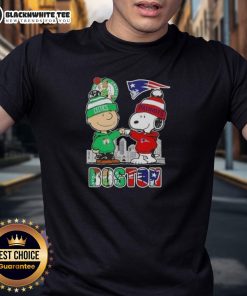 Nice Snoopy and Charlie Brown Boston Sports Celtics x New England Patriots skyline t-shirt design featuring iconic characters.