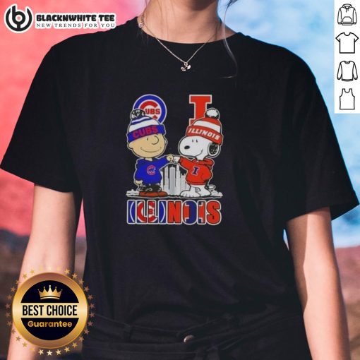Nice Snoopy and Charlie Brown Chicago Cubs tee featuring the Illinois skyline, perfect for fans and casual wear.