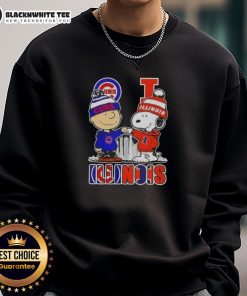 Chicago Cubs sweatshirt featuring Snoopy and Charlie Brown against the Illinois skyline, perfect for fans.