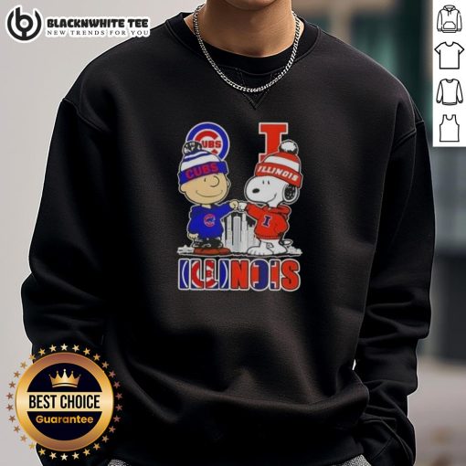 Chicago Cubs sweatshirt featuring Snoopy and Charlie Brown against the Illinois skyline, perfect for fans.