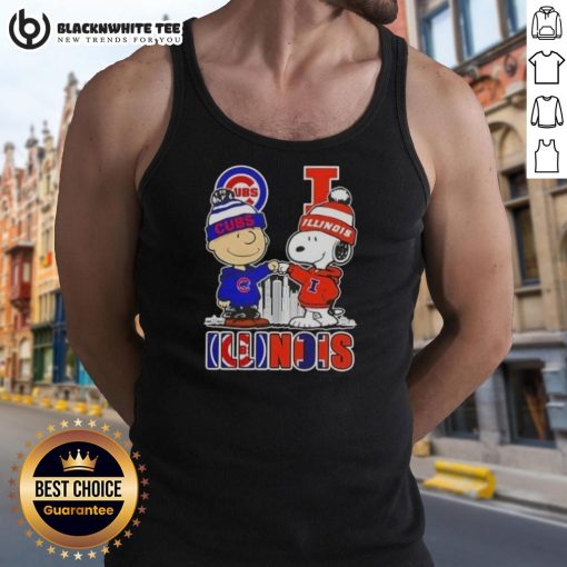 Nice Snoopy and Charlie Brown Chicago Cubs tank top with Illinois skyline design, perfect for baseball fans and summer wear.