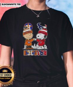 Ladies tee featuring Snoopy and Charlie Brown with Houston skyline, Astros, and Texans logos for sports fans.