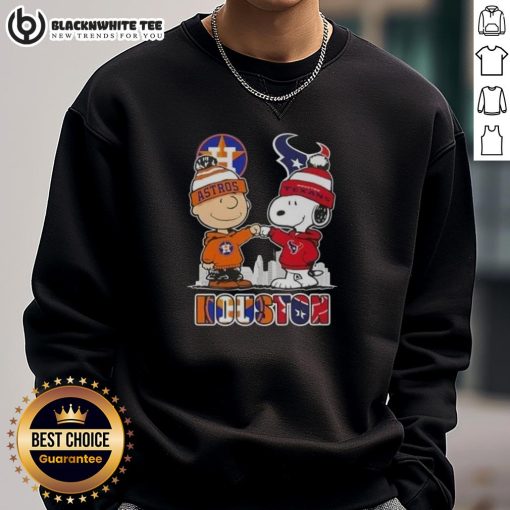 Nice Snoopy and Charlie Brown Houston Sports Astros X Texans skyline sweatshirt featuring iconic characters.