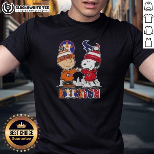 Alt Text: Snoopy and Charlie Brown in Houston sports Astros and Texans skyline graphic T-shirt design.