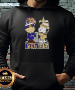 LSU Tigers x New Orleans Saints skyline hoodie featuring Snoopy and Charlie Brown in vibrant colors.