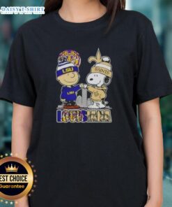 Nice Snoopy and Charlie Brown LSU Tigers x New Orleans Saints skyline ladies tee featuring vibrant colors and playful design.