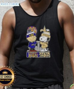 Nice Snoopy and Charlie Brown tank top featuring Louisiana LSU Tigers and New Orleans Saints skyline design.