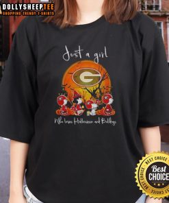 Alt Text: Cute Snoopy and friend in Georgia Bulldogs football gear, perfect for Halloween, featured on ladies tee shirt.