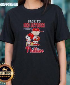 Nice Snoopy and Friends Philadelphia Phillies Back to Red October Postseason 2025 ladies tee featuring vibrant team graphics.