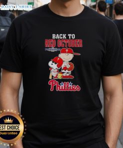 Alt Text: Snoopy and friends celebrate the Philadelphia Phillies in a Back To Red October Postseason 2025 T-Shirt design.