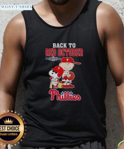 Alt Text: Snoopy and friends in Phillies gear celebrate 'Back to Red October' 2025 on a stylish tank top.