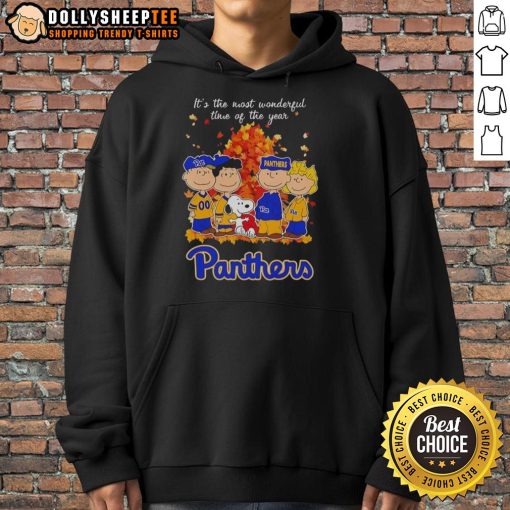 Cozy autumn hoodie featuring Snoopy and friends, perfect for Pitt Panthers fans celebrating the most wonderful time of the year.