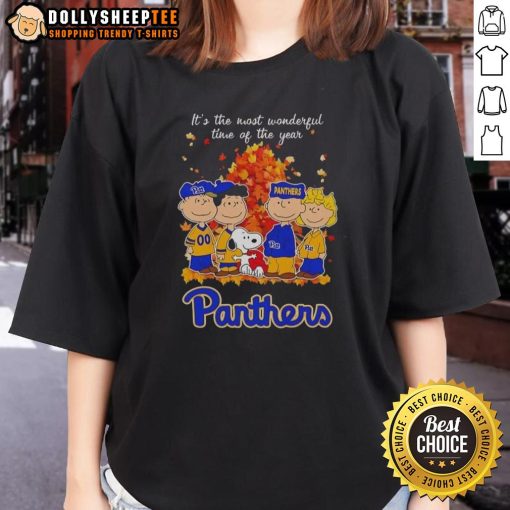 Alt Text: Cute Snoopy and friends in Pitt Panthers autumn tee, celebrating the most wonderful time of the year for ladies.