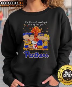 Alt Text: Snoopy and friends in Pitt Panthers sweatshirt celebrating autumn - 'It's the Most Wonderful Time of the Year' design.