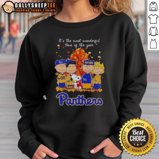 Alt Text: Snoopy and friends in Pitt Panthers sweatshirt celebrating autumn - 'It's the Most Wonderful Time of the Year' design.