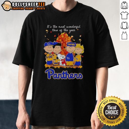 Alt Text: Nice Snoopy and Friends Pitt Panthers autumn t-shirt celebrating 'It's The Most Wonderful Time Of The Year' theme.