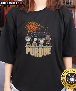 Nice Snoopy and Friends Purdue autumn ladies tee celebrating 'It's the Most Wonderful Time of the Year' design.