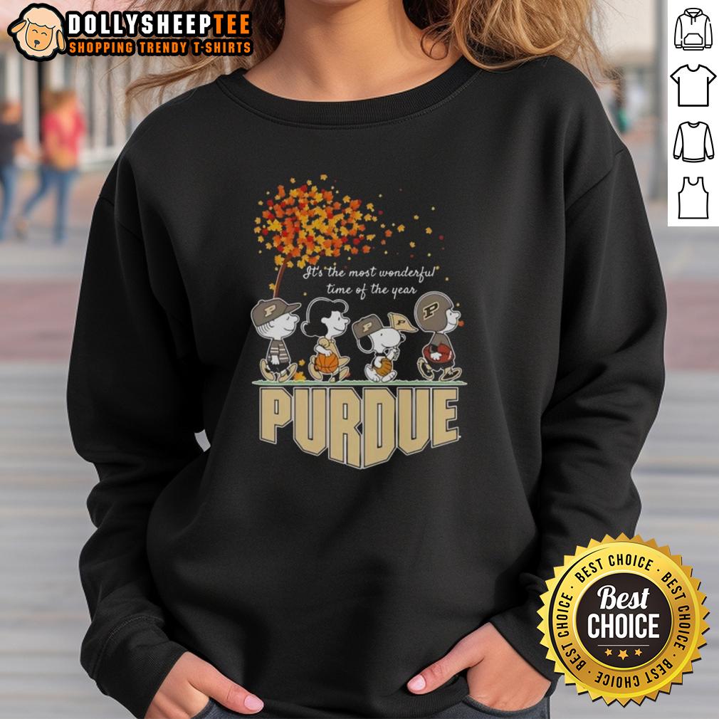 Nice Snoopy And Friends Purdue It's The Most Wonderful Time Of The Year Autumn Sweatshirt Cozy autumn sweatshirt featuring Snoopy and friends, perfect for celebrating the most wonderful time of the year.