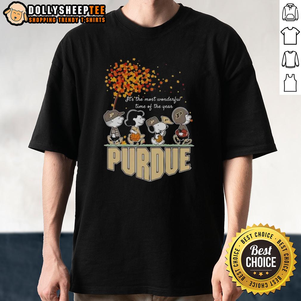Nice Snoopy And Friends Purdue It's The Most Wonderful Time Of The Year Autumn T-Shirt Alt Text: Snoopy and friends on a Purdue autumn T-shirt, celebrating 'It's The Most Wonderful Time Of The Year' theme.