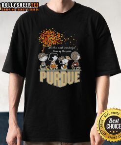 Alt Text: Snoopy and friends on a Purdue autumn T-shirt, celebrating 'It's The Most Wonderful Time Of The Year' theme.
